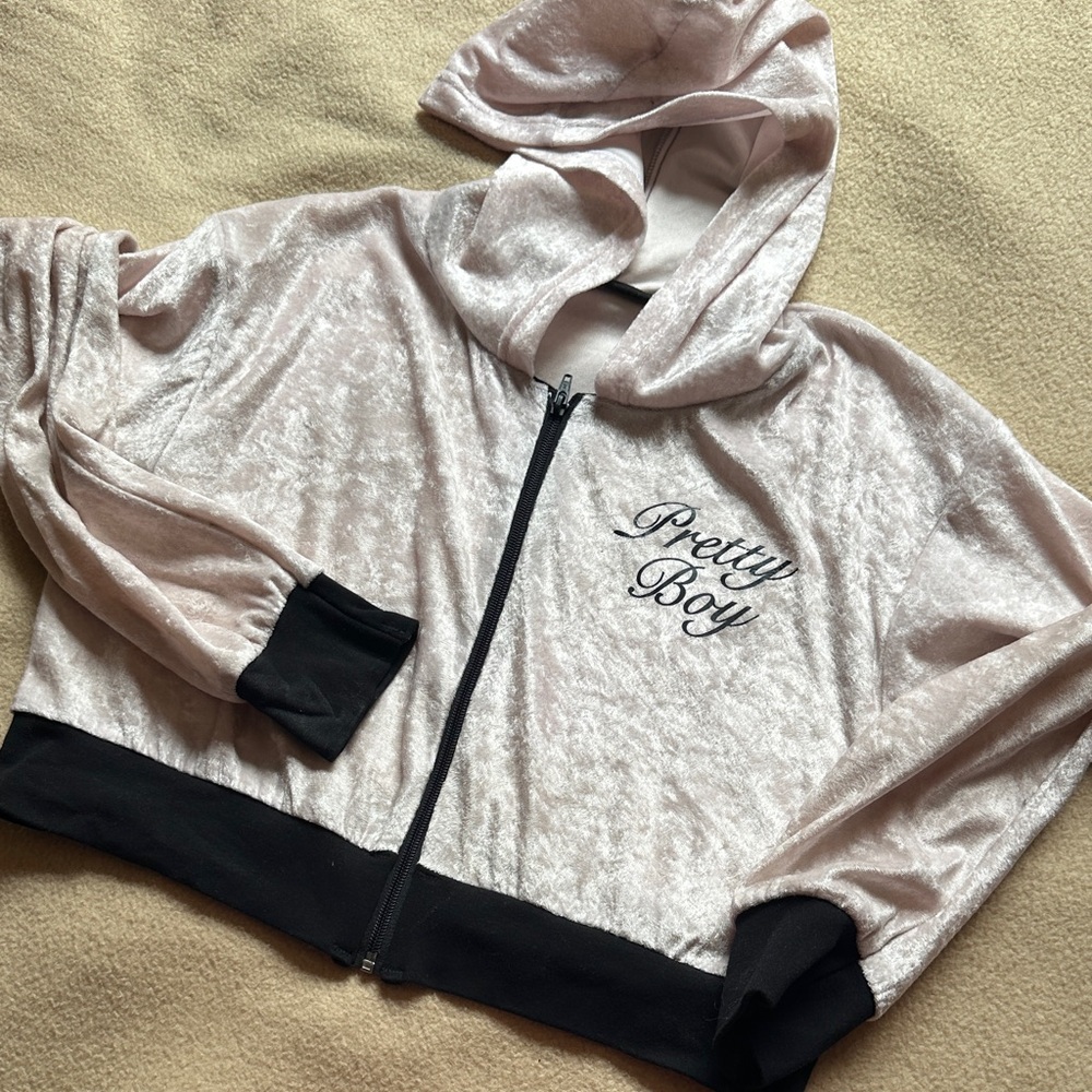 Pretty Boy Velvet Zip Cropped Hoodie Jacket - Pale Pink